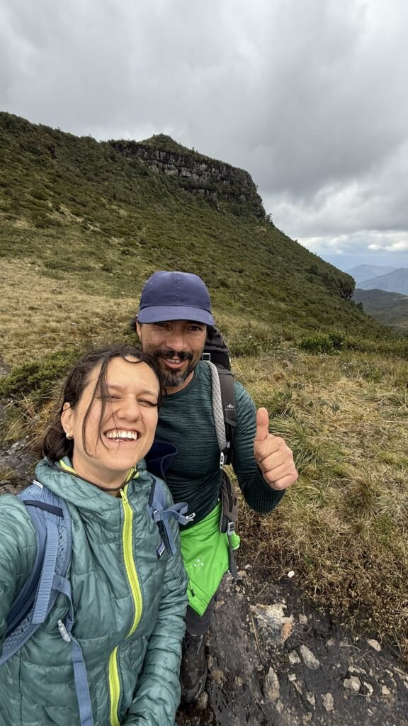 Founders of Colombian Andes Journeys hiking in the Colombian Andes during a guided mountain expedition